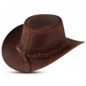 Brown leather cowboy hat with braided strap